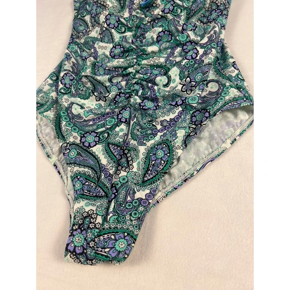 Fit 4 U One Piece Swimsuit W 12 Teal Purple Paisley Fit 4 Ur Tummy Ruched Beach - Picture 4 of 13